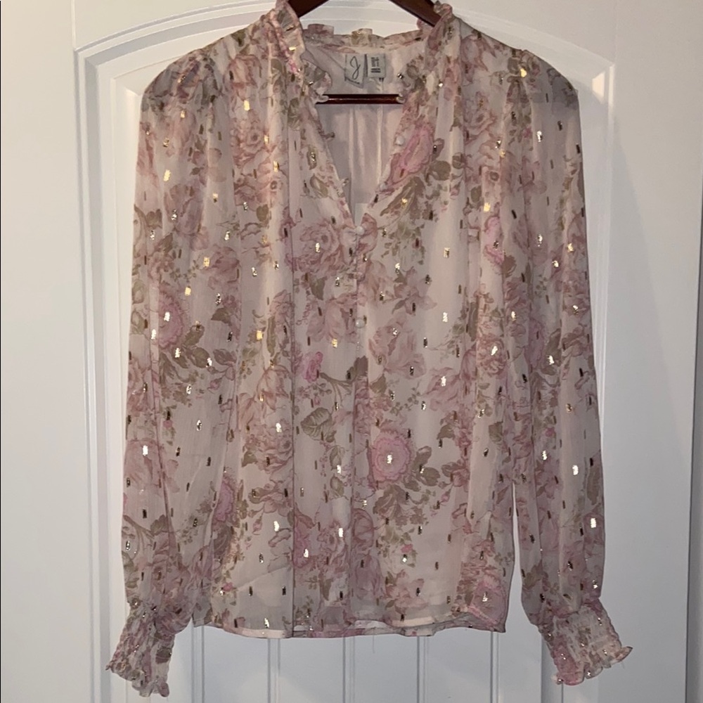 Joie Cream Sequin Ruffled Blouse with Mandarin Collar